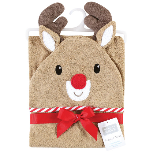 Hudson Baby Cotton Poly Animal Face Hooded Towel, Rudolph