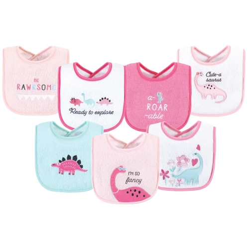 Hudson Baby Cotton Terry Drooler Bibs with Fiber Filling, Girl Dino