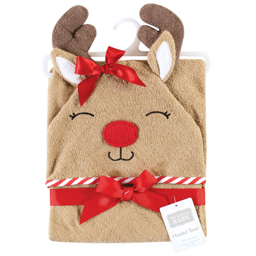 Hudson Baby Cotton Poly Animal Face Hooded Towel, Girl Holiday Reindeer