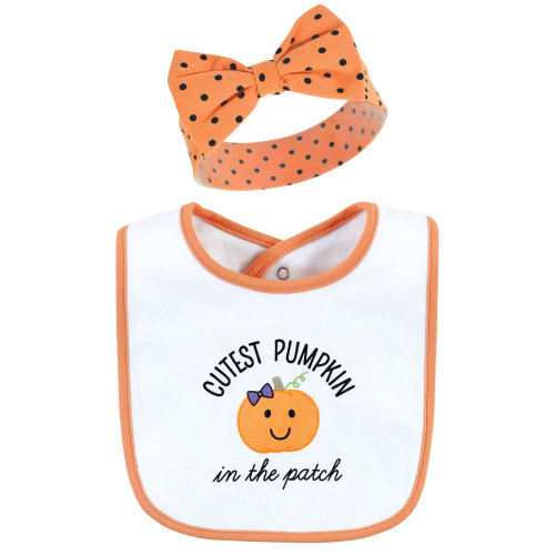 Hudson Baby Cotton Bib and Headband or Caps Set, Orange Cutest Pumpkin