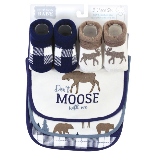 Hudson Baby Cotton Bib and Sock Set, Moose Bear