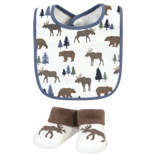 Hudson Baby Cotton Bib and Sock Set, Moose Bear