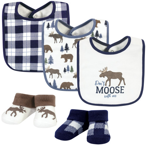 Hudson Baby Cotton Bib and Sock Set, Moose Bear