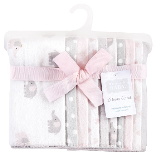 Hudson Baby Cotton Flannel Burp Cloths, Pink Gray Elephant