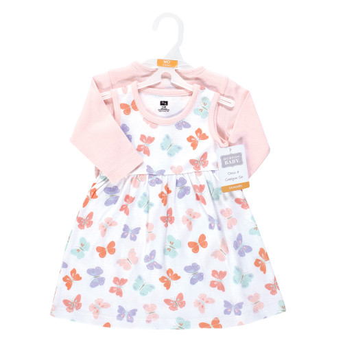 Hudson Baby Cotton Dress and Cardigan Set, Pastel Butterfly