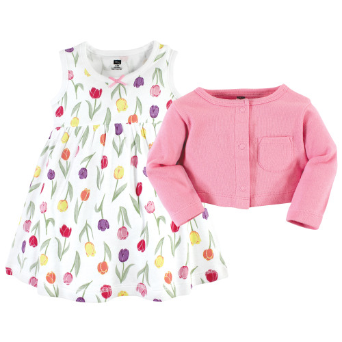 Hudson Baby Cotton Dress and Cardigan Set, Spring Tulips