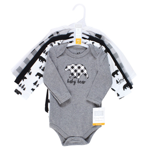 Hudson Baby Cotton Long-Sleeve Bodysuits, Baby Bear Gray Black 5-Pack