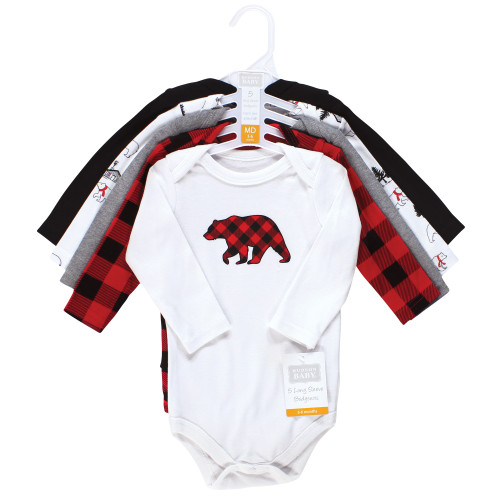 Hudson Baby Cotton Long-Sleeve Bodysuits, Buffalo Plaid Bear 5-Pack