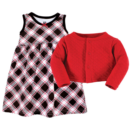 Hudson Baby Quilted Cardigan and Dress, Black Red Plaid
