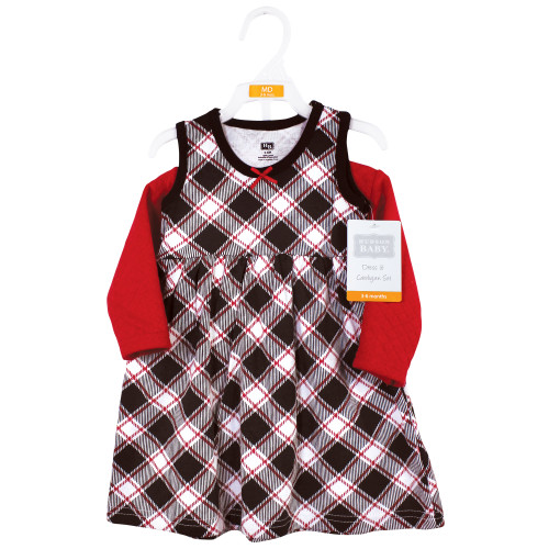 Hudson Baby Quilted Cardigan and Dress, Black Red Plaid