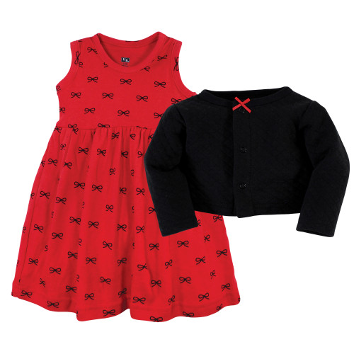 Hudson Baby Quilted Cardigan and Dress, Red Black Bows