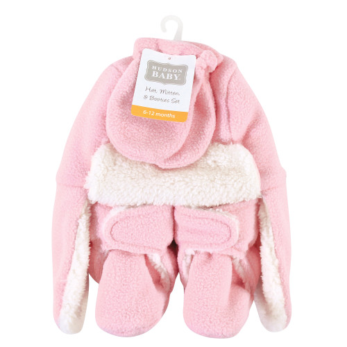 Hudson Baby Trapper Hat, Mitten and Bootie Set, Light Pink