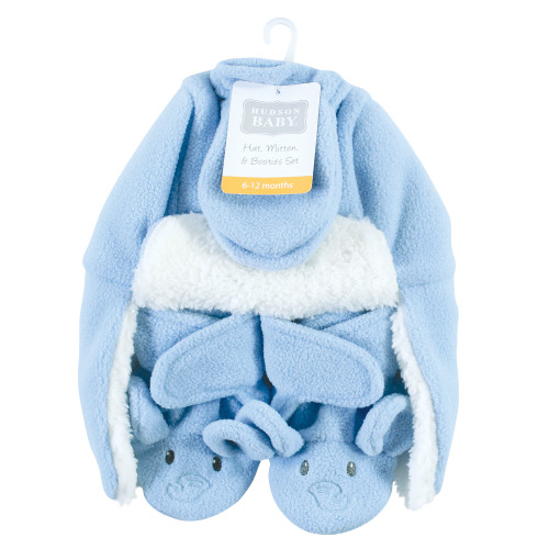 Hudson Baby Trapper Hat, Mitten and Bootie Set, Blue Elephant
