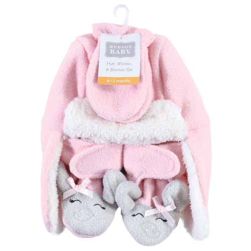 Hudson Baby Trapper Hat, Mitten and Bootie Set, Pink Gray Elephant