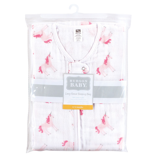 Hudson Baby Long Sleeve Muslin Sleeping Bag, Wearable Blanket, Sleep Sack, Pink Unicorn