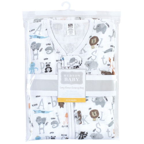 Hudson Baby Long Sleeve Muslin Sleeping Bag, Wearable Blanket, Sleep Sack, Alphabet Animals