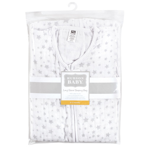 Hudson Baby Long Sleeve Muslin Sleeping Bag, Wearable Blanket, Sleep Sack, Gray Star