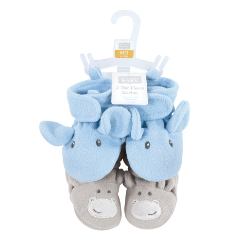 Hudson Baby Animal Fleece Booties 2-Pack, Blue Elephant Hippo