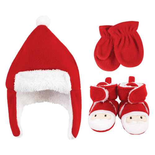 Hudson Baby Trapper Hat, Mitten and Bootie Set, Santa