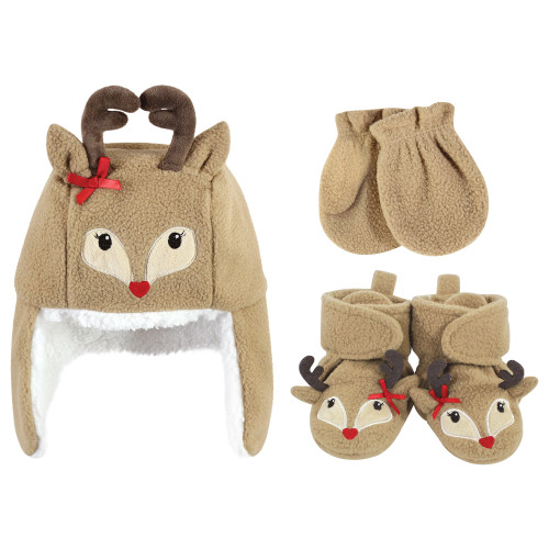 Hudson Baby Trapper Hat, Mitten and Bootie Set, Girl Reindeer