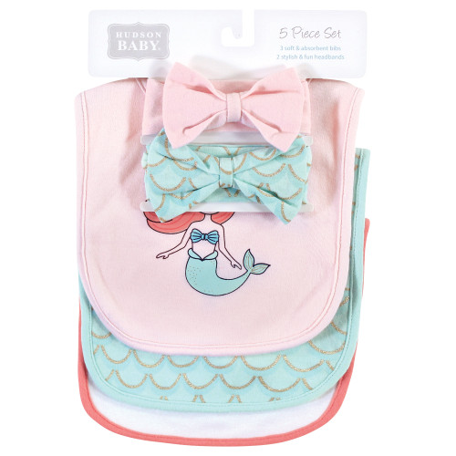 Hudson Baby Cotton Bib and Headband or Caps Set, Coral Mint Mermaid