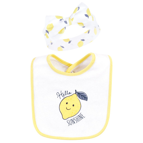 Hudson Baby Cotton Bib and Headband or Caps Set, Navy Lemon