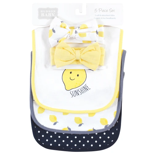 Hudson Baby Cotton Bib and Headband or Caps Set, Navy Lemon