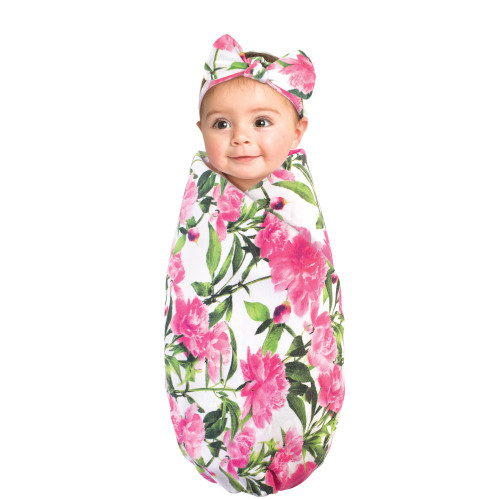 Touched by Nature Organic Cotton Swaddle Blanket and Headband or Cap, Peonies