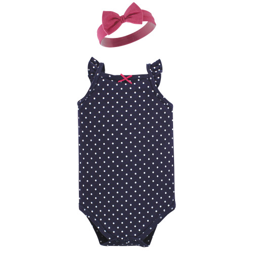 Hudson Baby Sleeveless Bodysuit and Headband Set, Pink Navy Roses