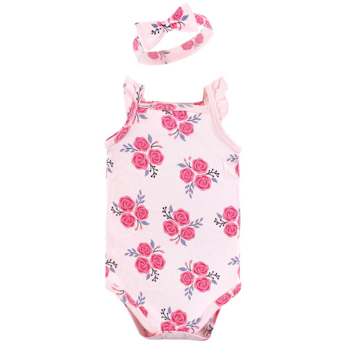 Hudson Baby Sleeveless Bodysuit and Headband Set, Pink Navy Roses