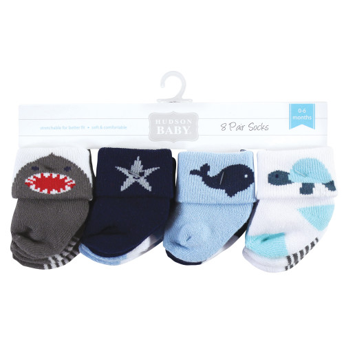 Hudson Baby Cotton Rich Newborn and Terry Socks, Sea Creatures 8-Pack