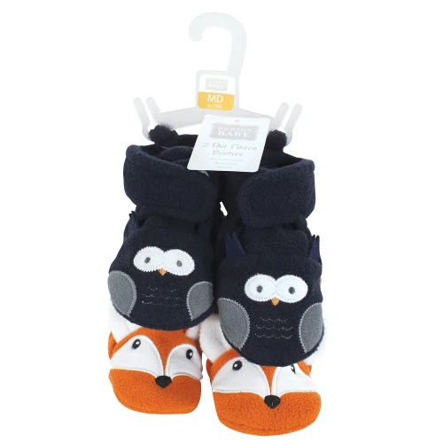 Hudson Baby Animal Fleece Booties 2-Pack, Navy Owl Fox
