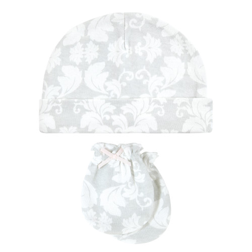Hudson Baby Cotton Cap and Scratch Mitten Set, Damask