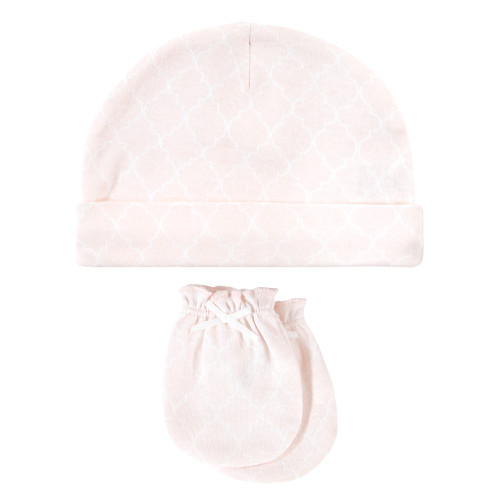 Hudson Baby Cotton Cap and Scratch Mitten Set, Damask