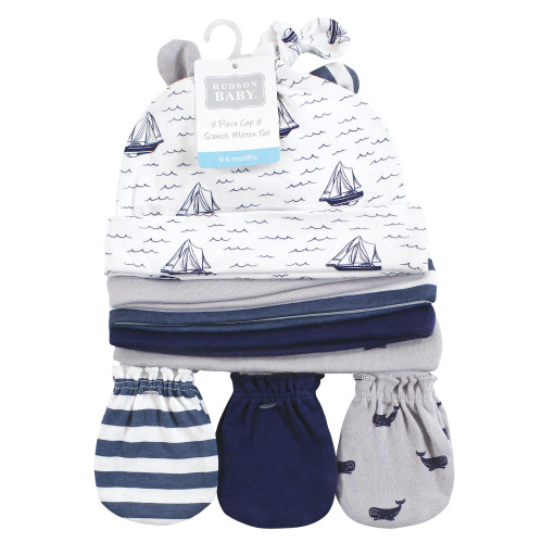 Hudson Baby Cotton Cap and Scratch Mitten Set, Sail The Sea