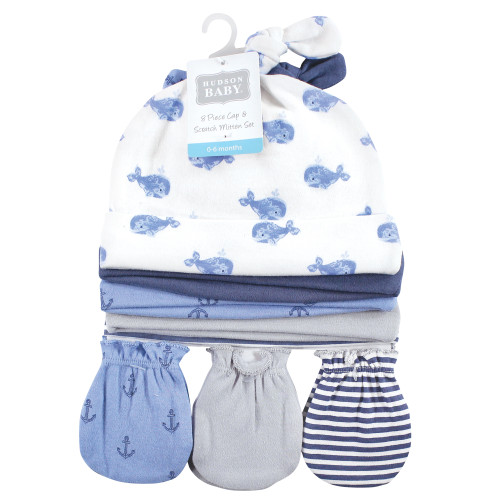 Hudson Baby Cotton Cap and Scratch Mitten Set, Blue Whale