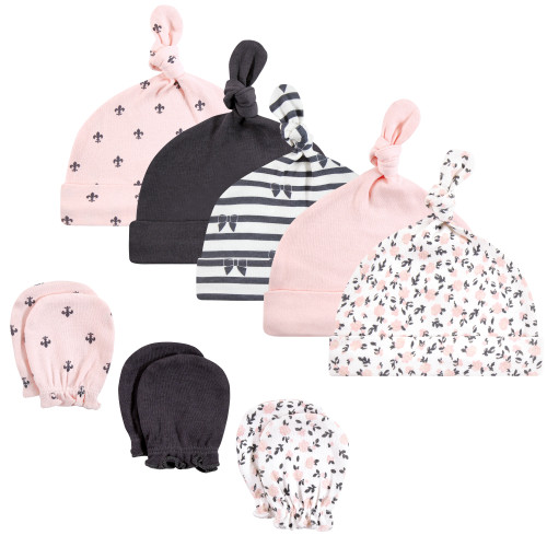 Hudson Baby Cotton Cap and Scratch Mitten Set, Berry Floral