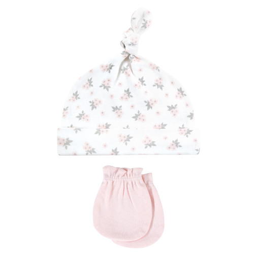 Hudson Baby Cotton Cap and Scratch Mitten Set, Pink Gray Floral