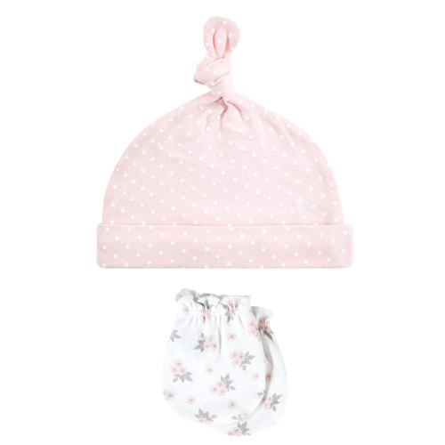 Hudson Baby Cotton Cap and Scratch Mitten Set, Pink Gray Floral