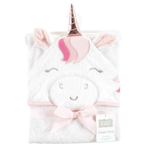 Hudson Baby Cotton Animal Face Hooded Towel, Rose Unicorn