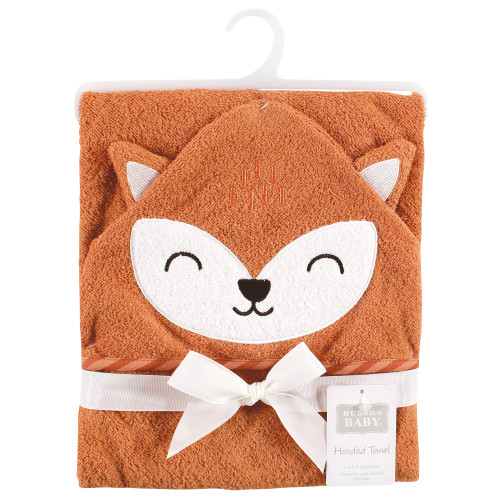 Hudson Baby Cotton Animal Face Hooded Towel, Orange Fox