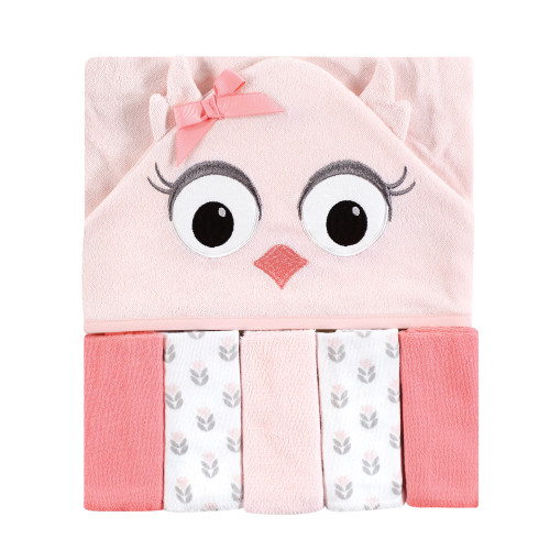 Hudson Baby Hooded Towel and Five Washcloths, Pink Owl