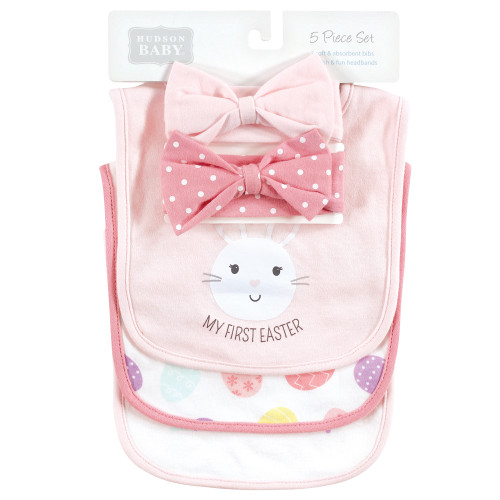 Hudson Baby Cotton Bib and Headband or Caps Set, Happy Easter