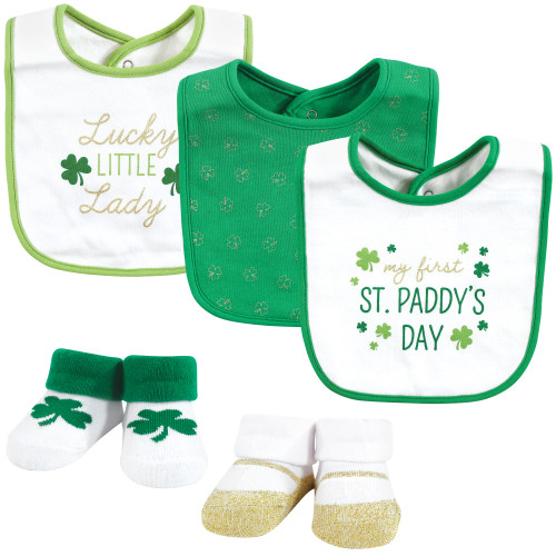 Hudson Baby Cotton Bib and Sock Set, Lucky Lady