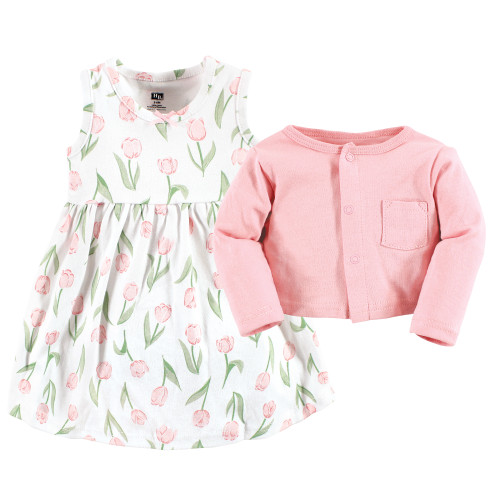Hudson Baby Cotton Dress and Cardigan Set, Pink Tulips
