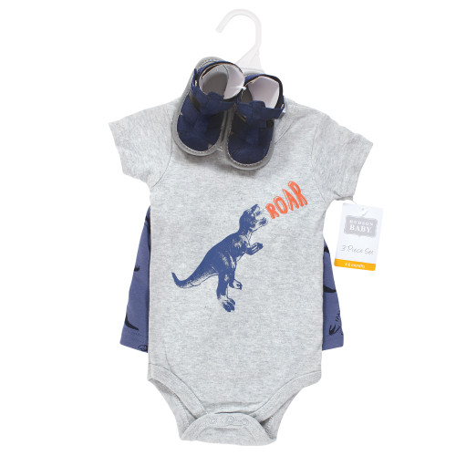 Hudson Baby Cotton Bodysuit, Shorts and Shoe Set, Dino Roar