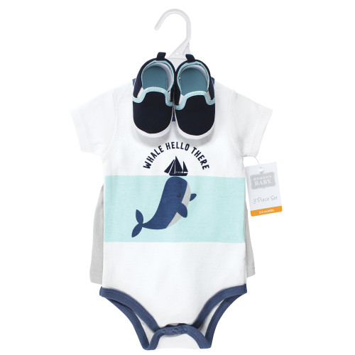 Hudson Baby Cotton Bodysuit, Shorts and Shoe Set, Underwater Whale