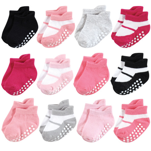Hudson Baby Non-Skid No-Show Socks, Pink Black