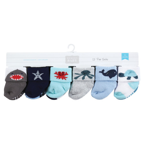 Hudson Baby Cotton Rich Newborn and Terry Socks, Sea Creatures 12-Pack