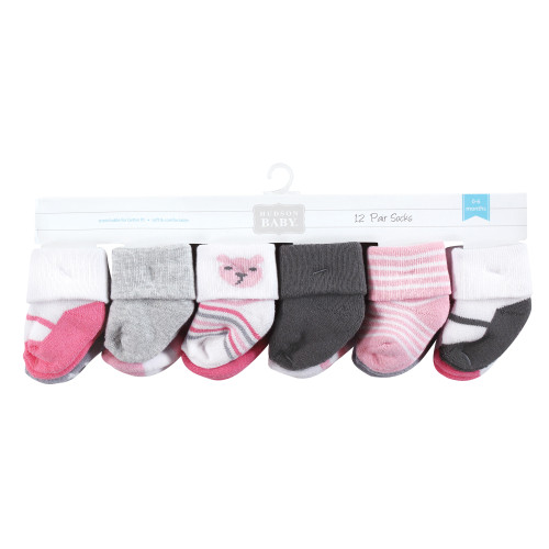 Hudson Baby Cotton Rich Newborn and Terry Socks, Bear Girl 12Pack